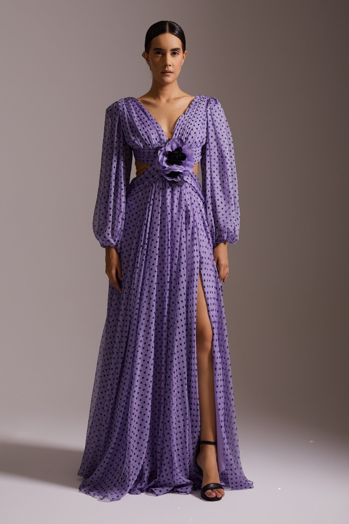Polka Dot Deep Slit Long Sleeve Floral Detailed V Neck Chiffon Long Evening Dress Purple
