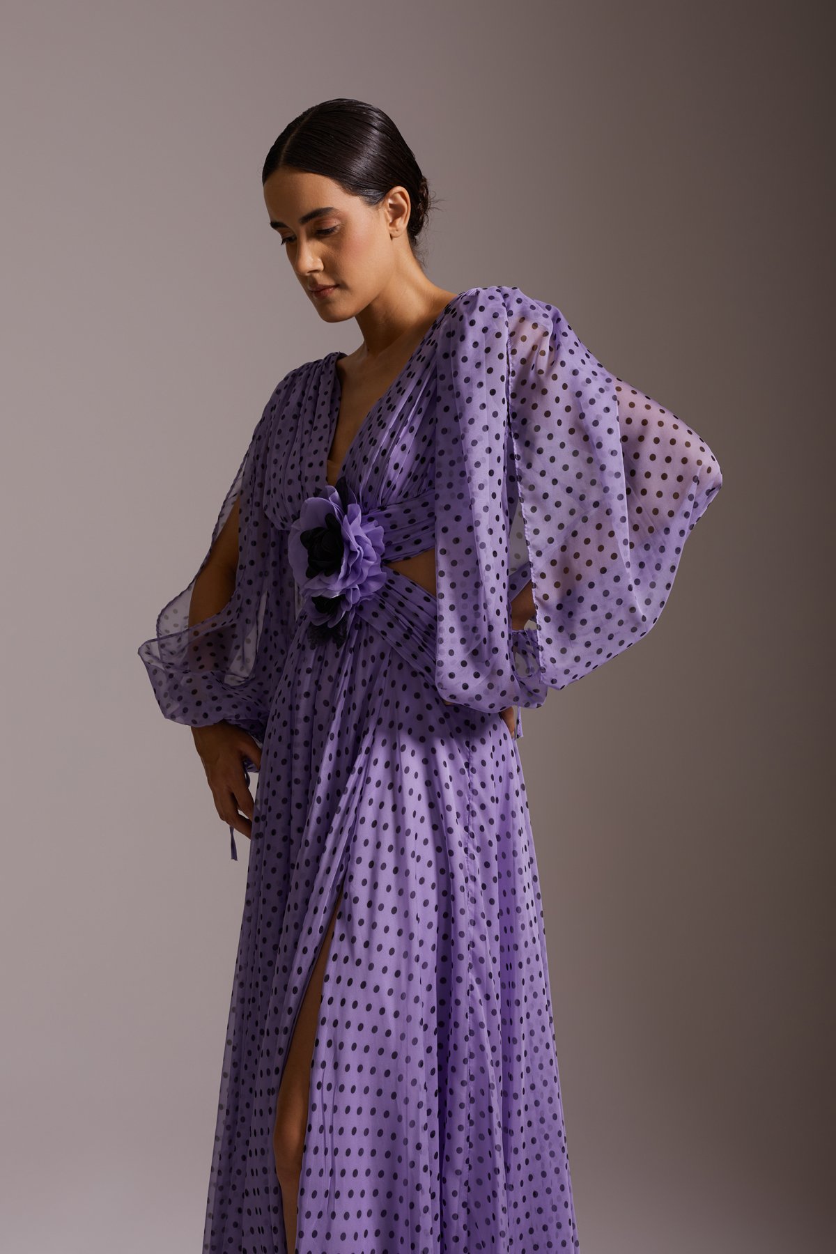 Polka Dot Deep Slit Long Sleeve Floral Detailed V Neck Chiffon Long Evening Dress Purple