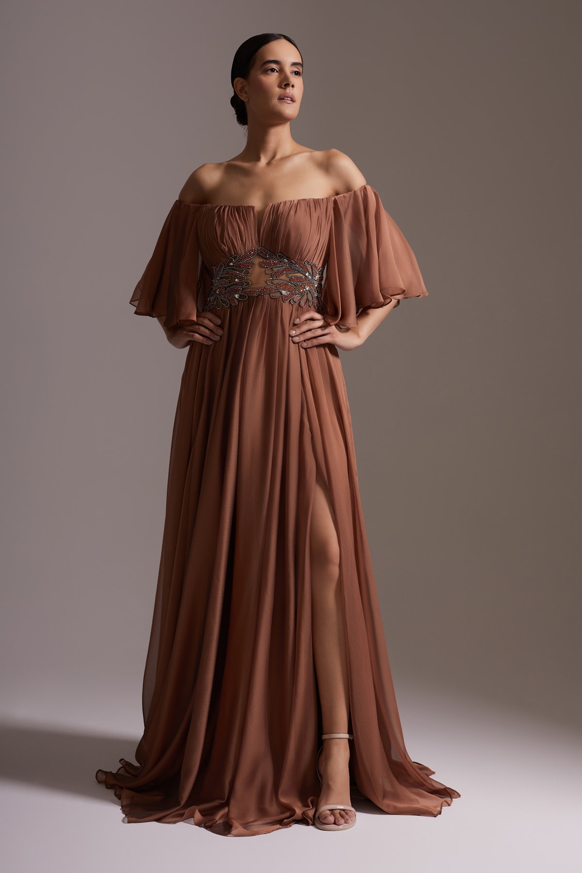 Stone Embroidered Waist Detailed Slit Chiffon Evening Dress Brown