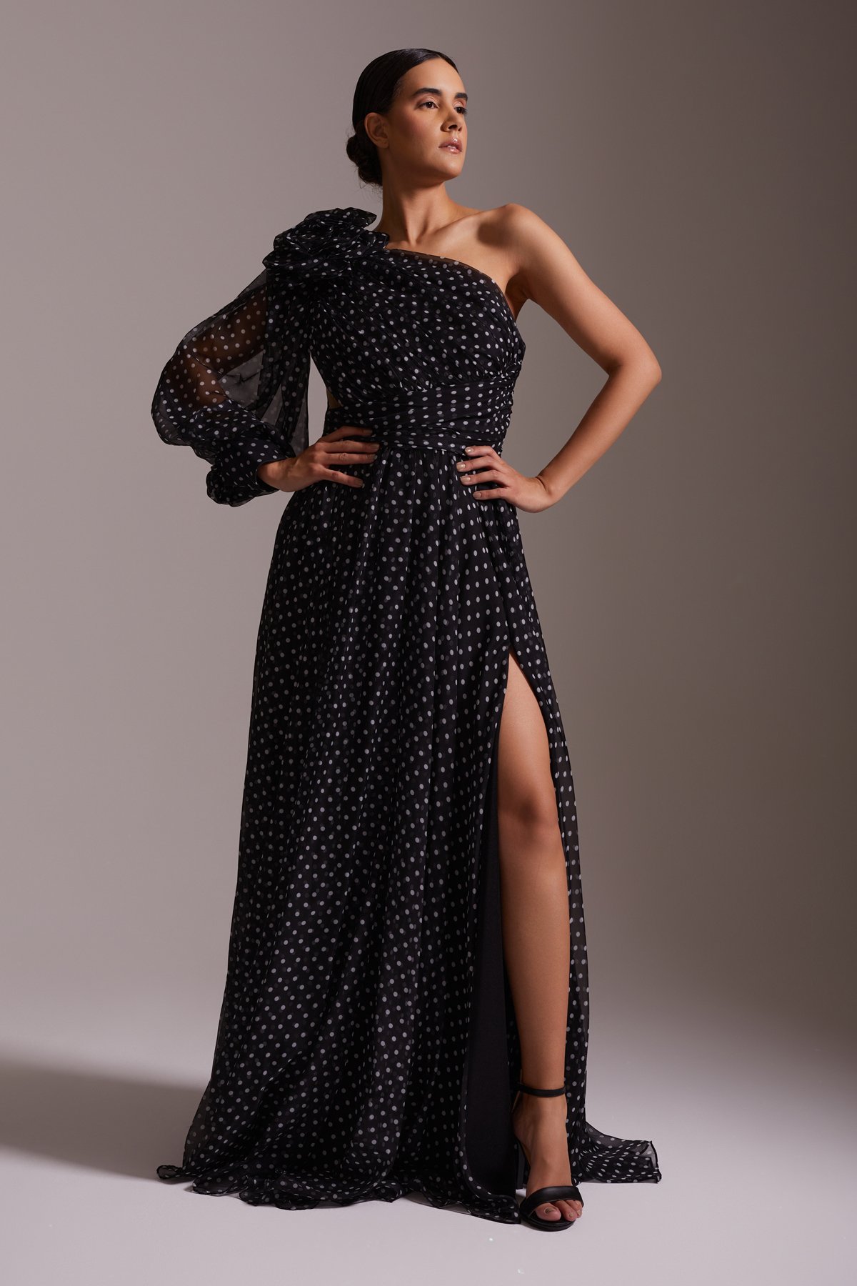 Polka Dot One Shoulder Slit Detailed Chiffon Long Evening Dress Black and White
