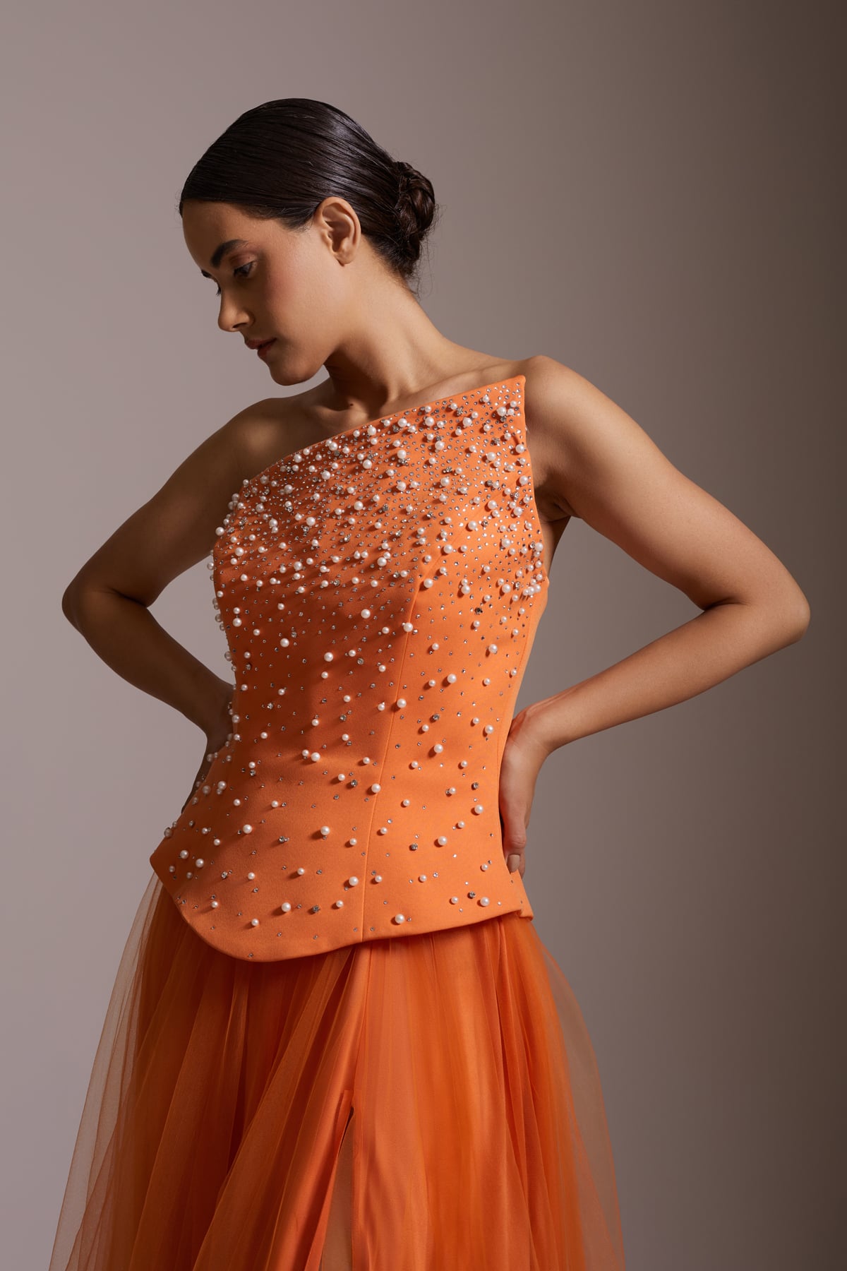 One Shoulder Pearl Stone Embroidered Tulle Skirt Slit Evening Dress Orange