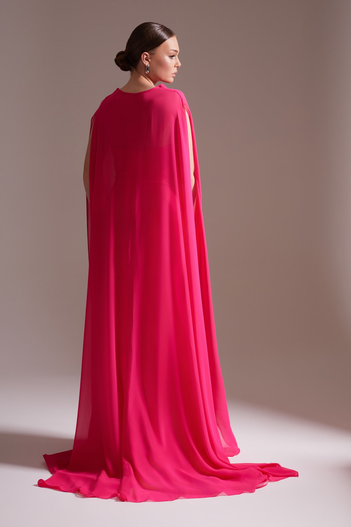 Cape-Shaped Stone Detailed Slit Chiffon Evening Dress Fuchsia