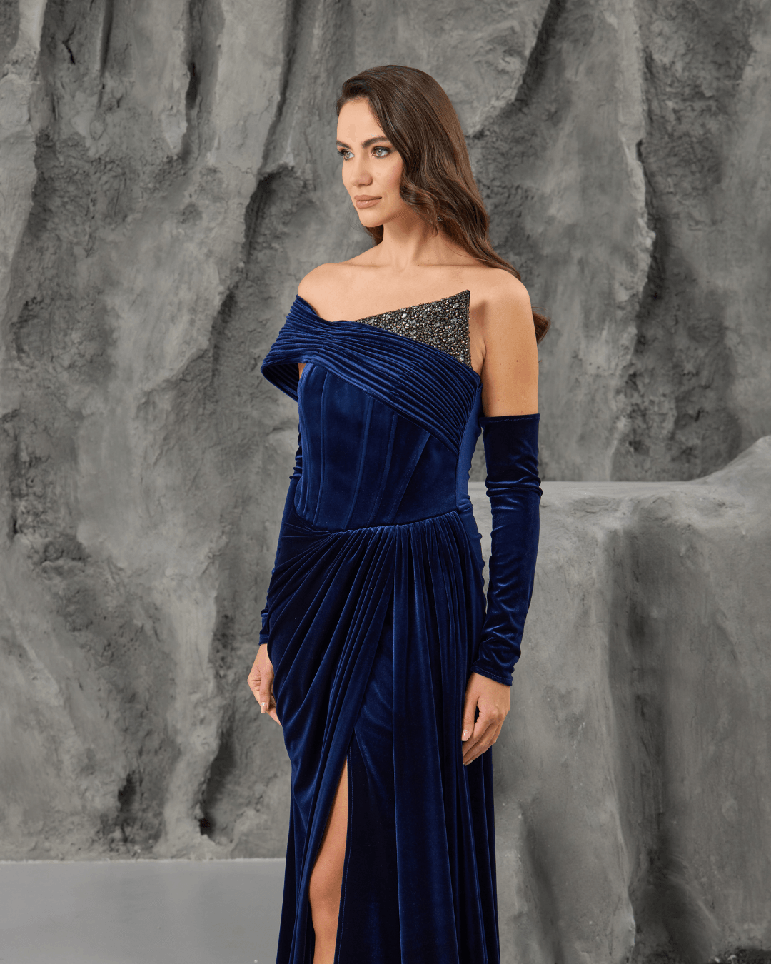 Navy Velvet One Shoulder Gown