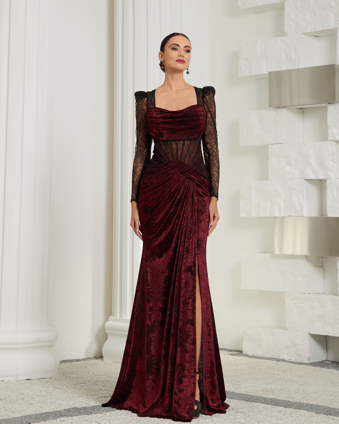Burgundy Velvet & Lace Long Sleeve Gown
