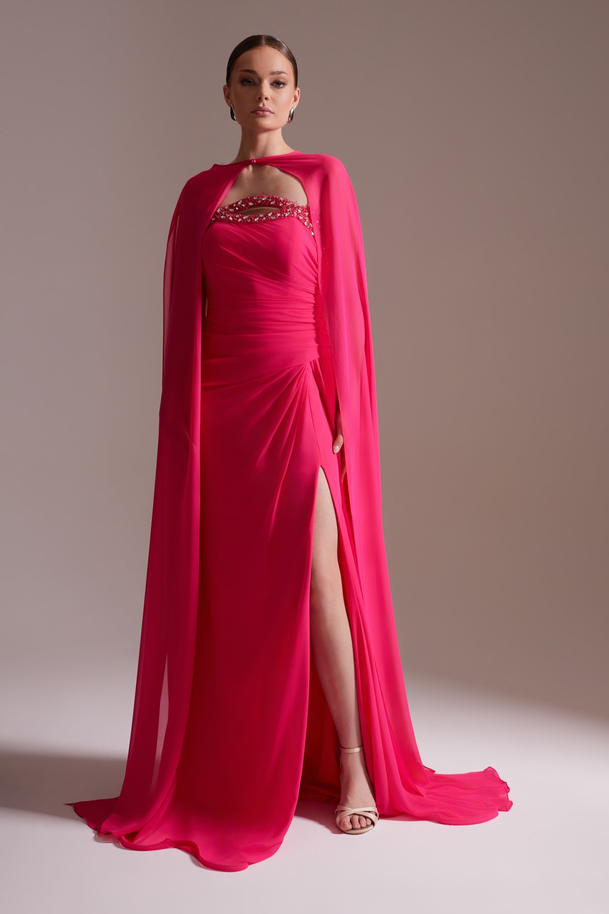 Cape-Shaped Stone Detailed Slit Chiffon Evening Dress Fuchsia