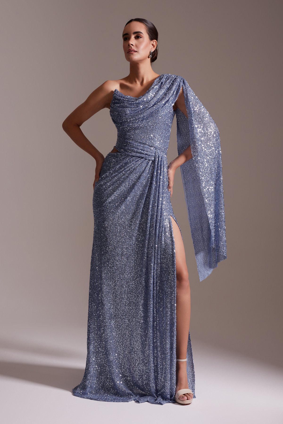 One Shoulder Draped Slit Glittery Evening Dress Lilac