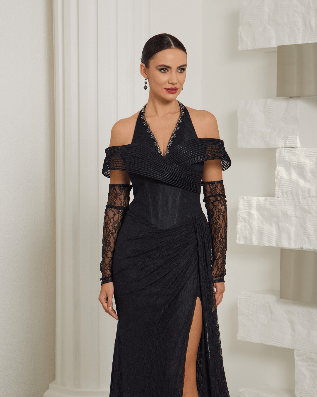 Black Lace Halter Neck Evening Dress