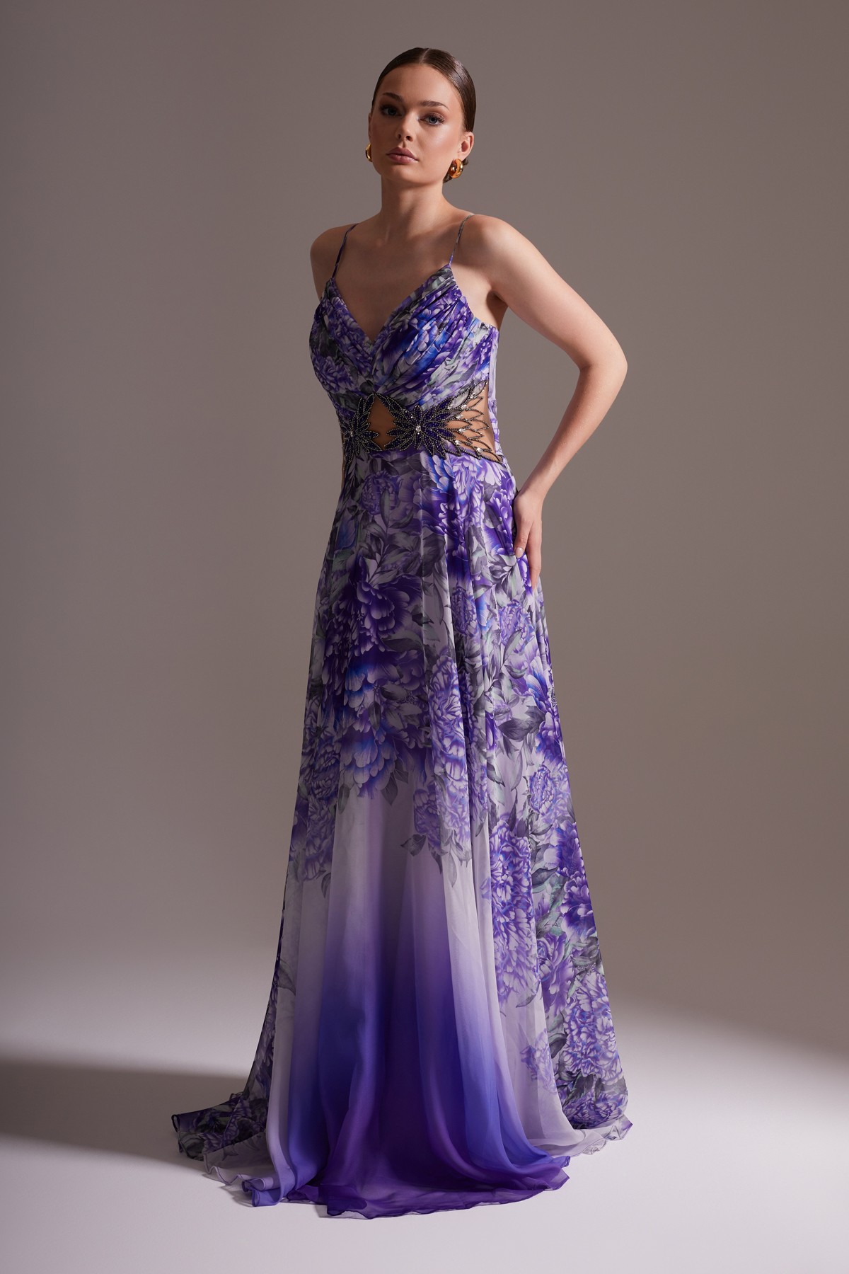Floral Patterned Chiffon V-Neck Thin Straps Stone Embroidered and Slit Long Evening Dress Purple