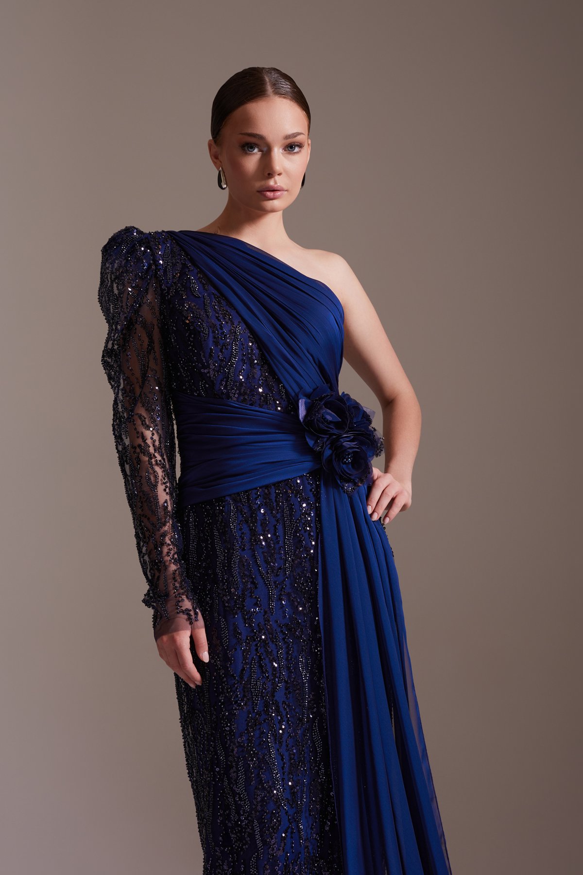 One Shoulder Floral Detailed Slit Chiffon and Sequin Evening Dress Navy Blue