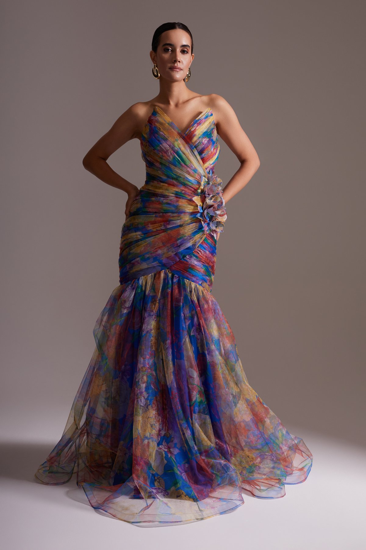 Colorful Floral Patterned Satin Tulle Detailed Strapless Draped Long Evening Dress