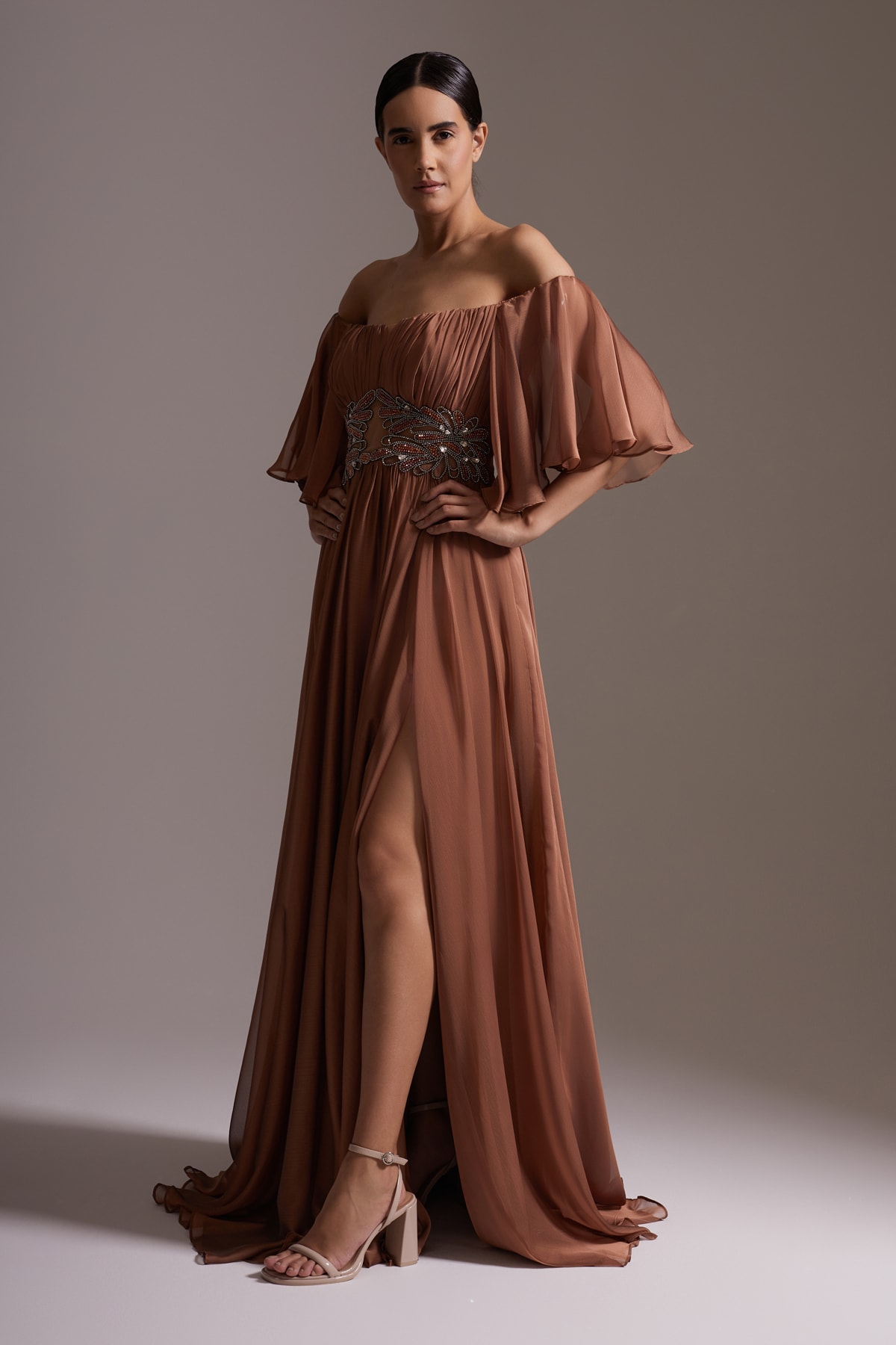 Stone Embroidered Waist Detailed Slit Chiffon Evening Dress Brown