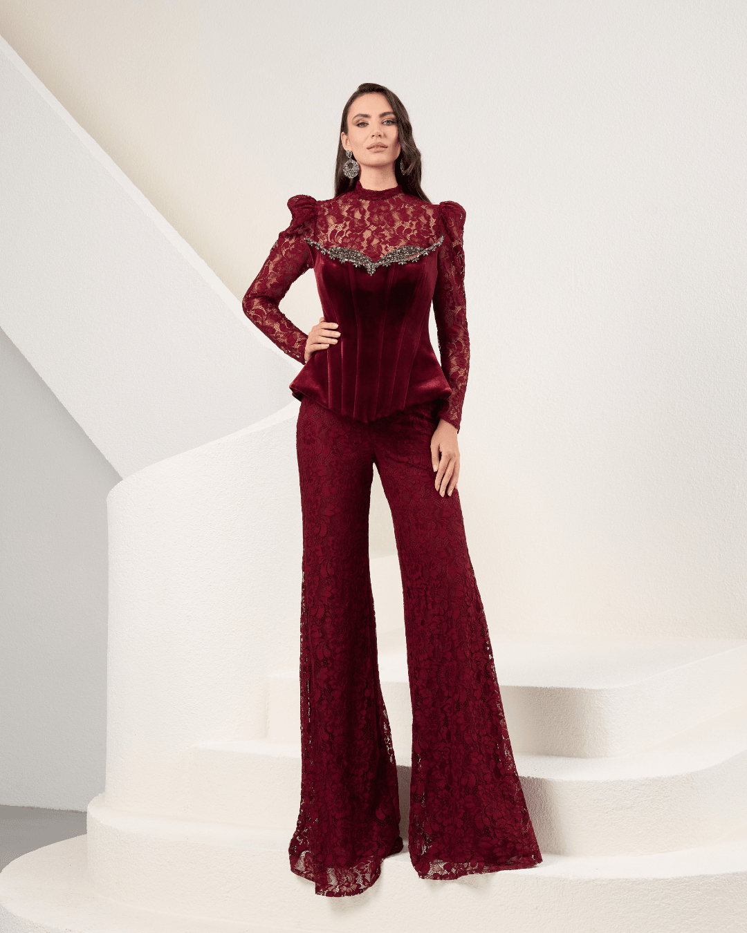 Burgundy Velvet Strapless Jumpsuit With Lace Details