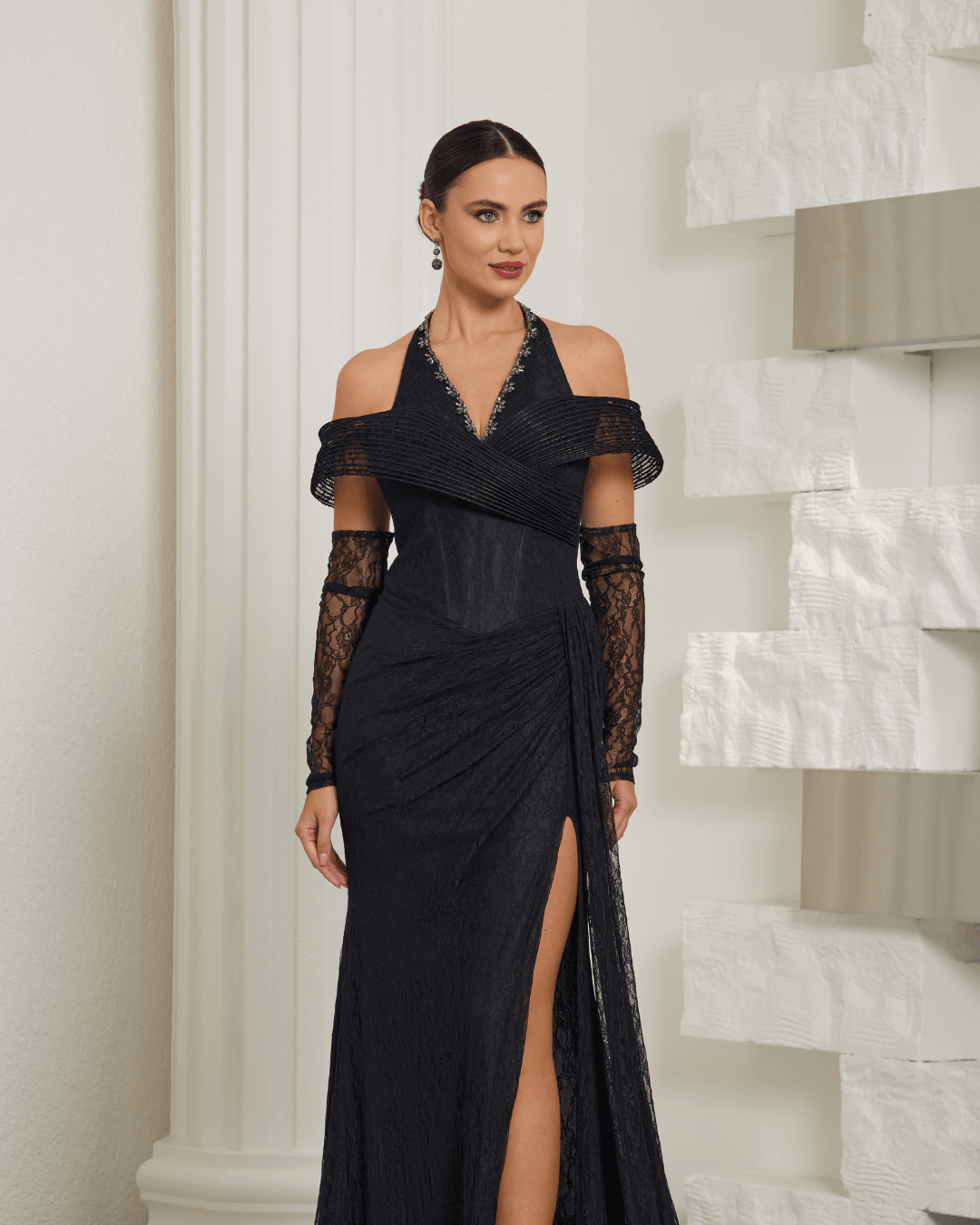 Black Lace Halter Neck Evening Dress
