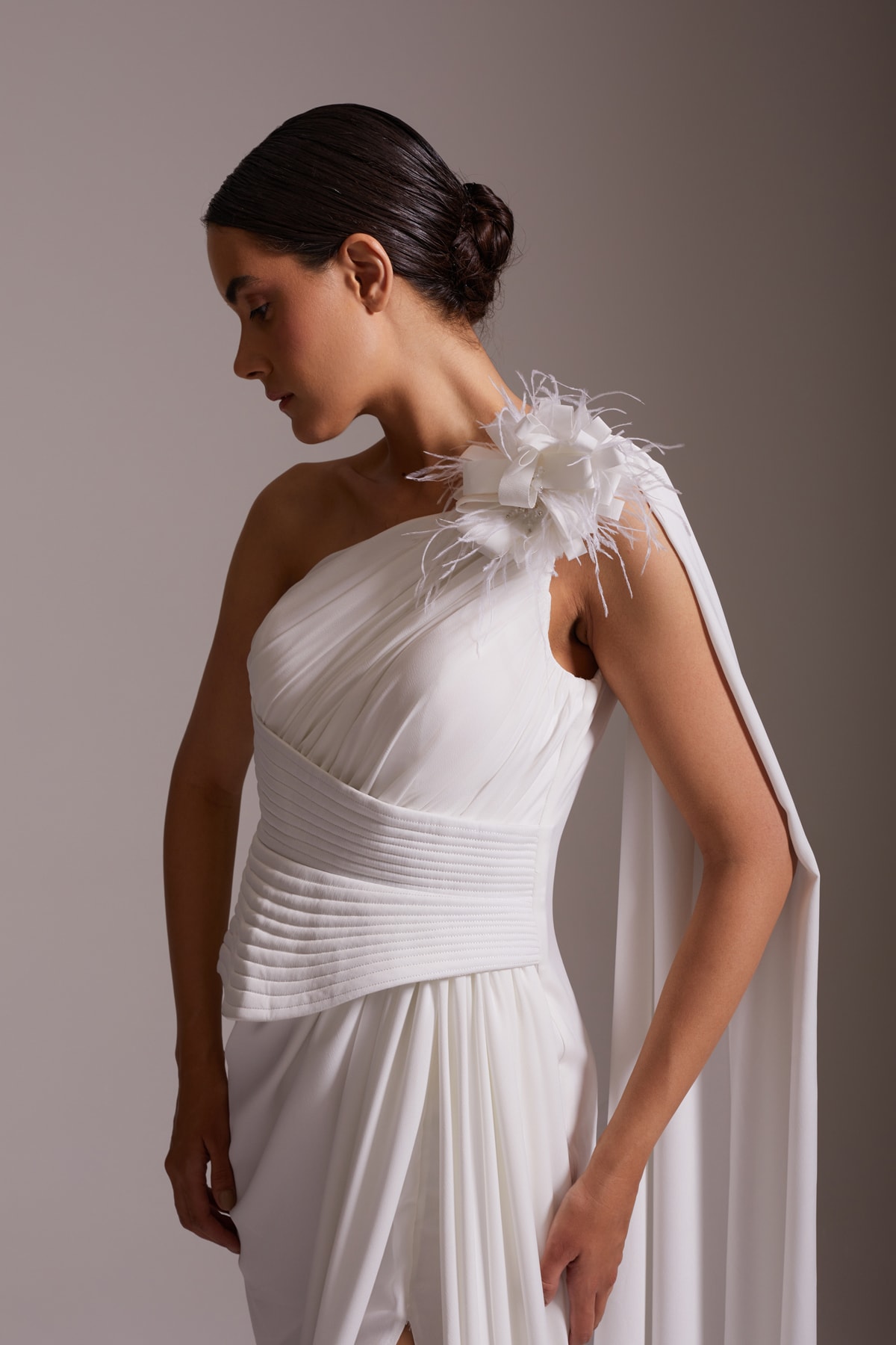 One Shoulder Flower and Feather Detailed Slit Chiffon Evening Dress White
