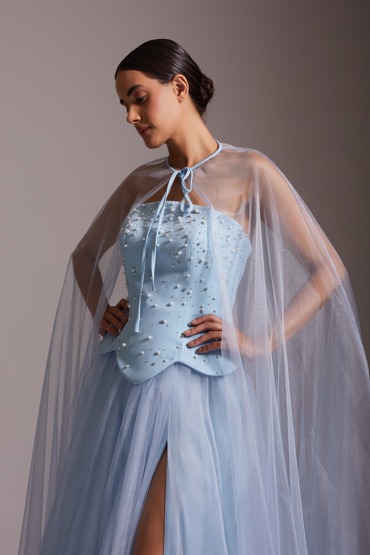Stone Embroidered Sheer Cape and Slit Tulle Evening Dress Blue