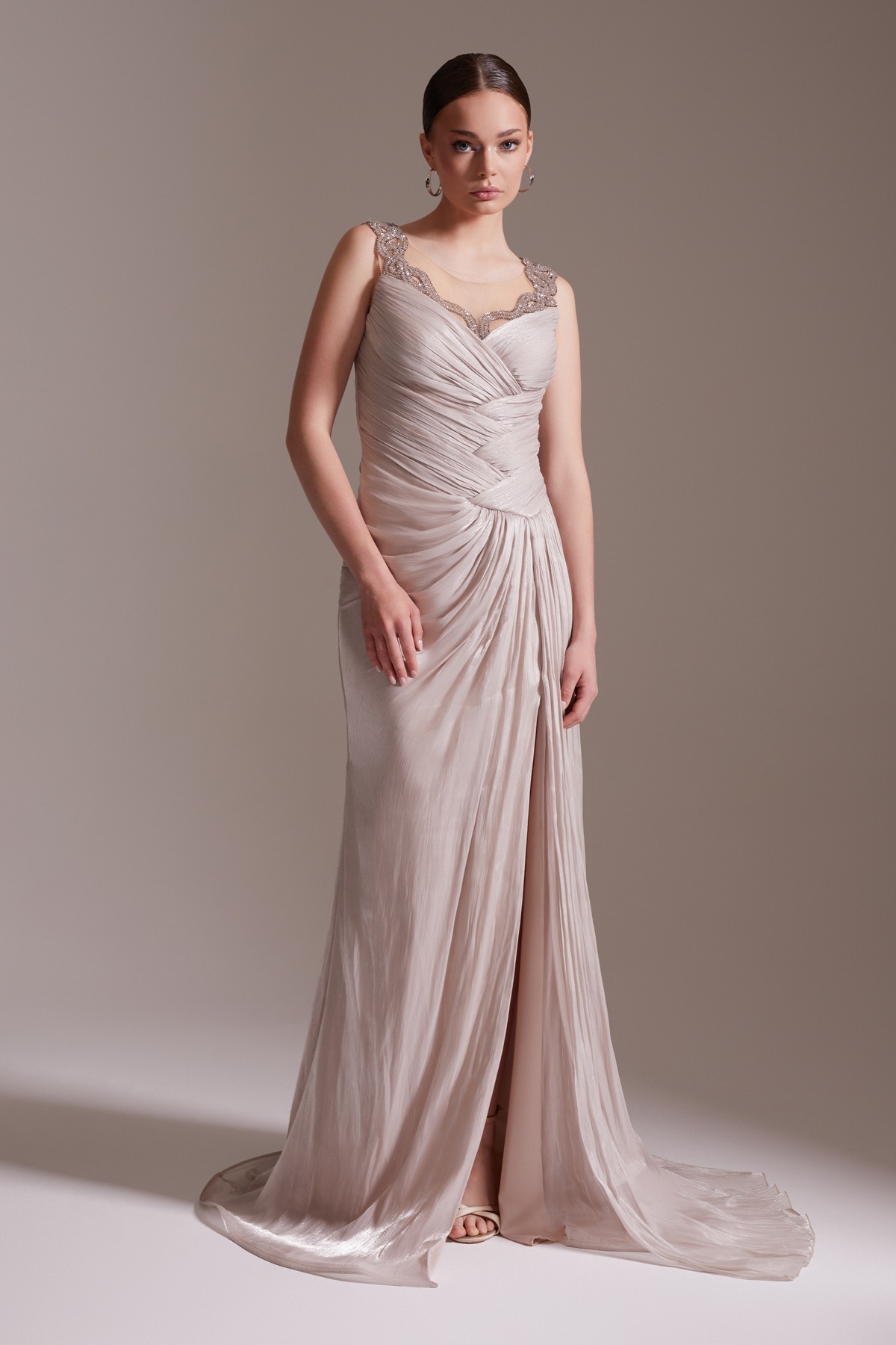 Stone Embroidered Straped Draped Slit Detailed Long Satin Evening Dress Powder