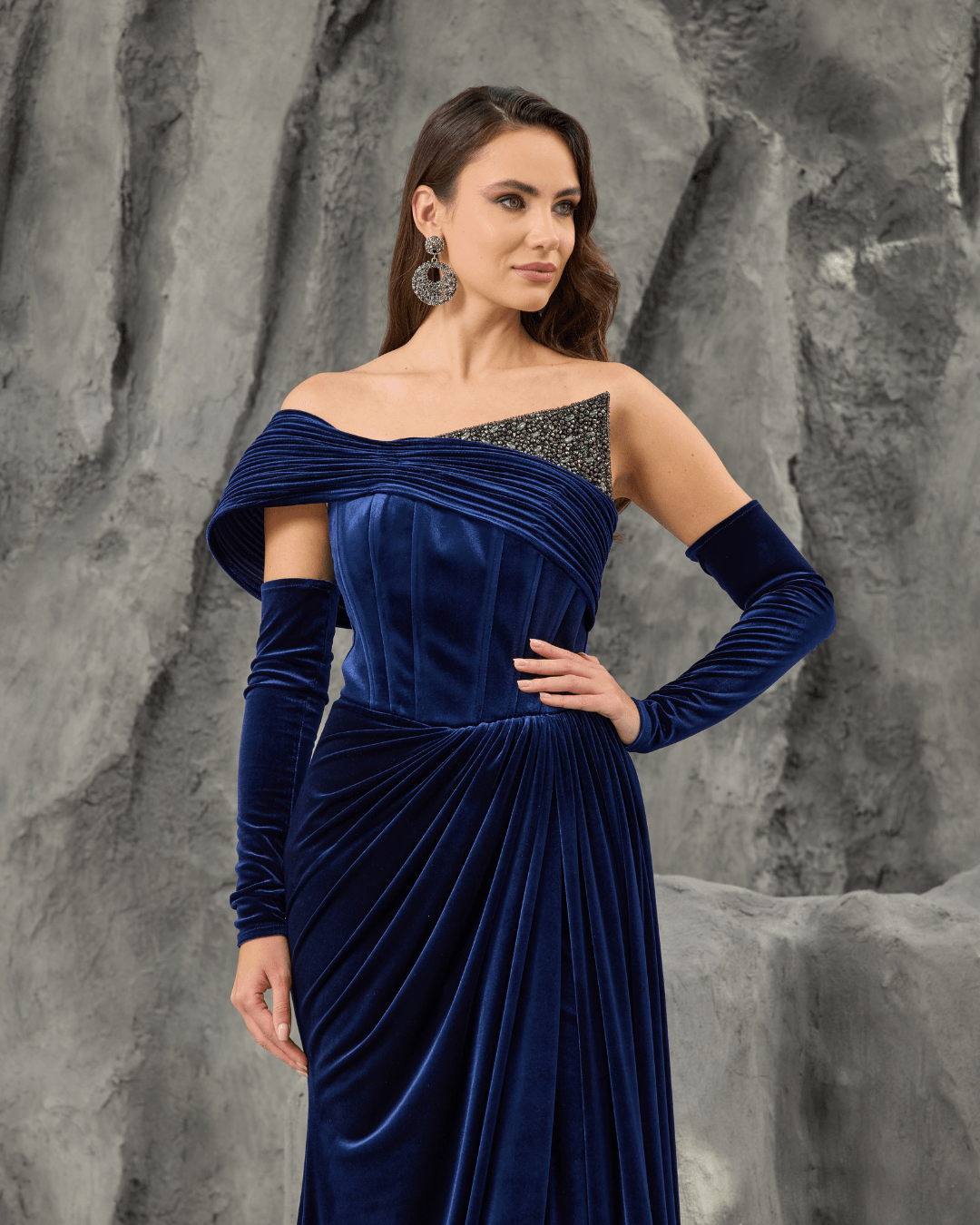 Navy Velvet One Shoulder Gown