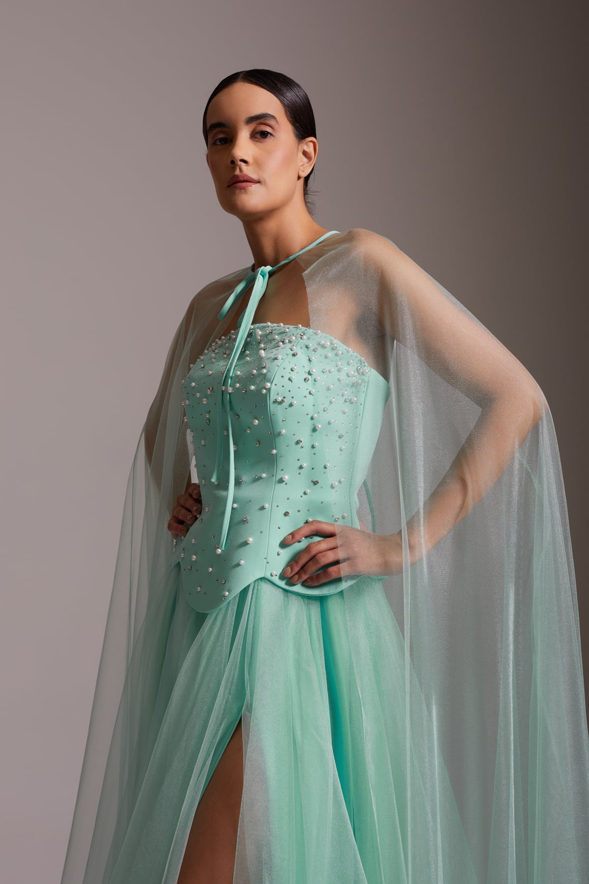 Stone Embroidered Tulle Skirt and Cape Detailed Slit Evening Dress, Sea Green