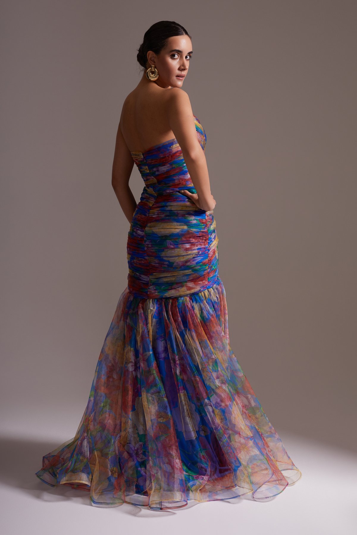 Colorful Floral Patterned Satin Tulle Detailed Strapless Draped Long Evening Dress