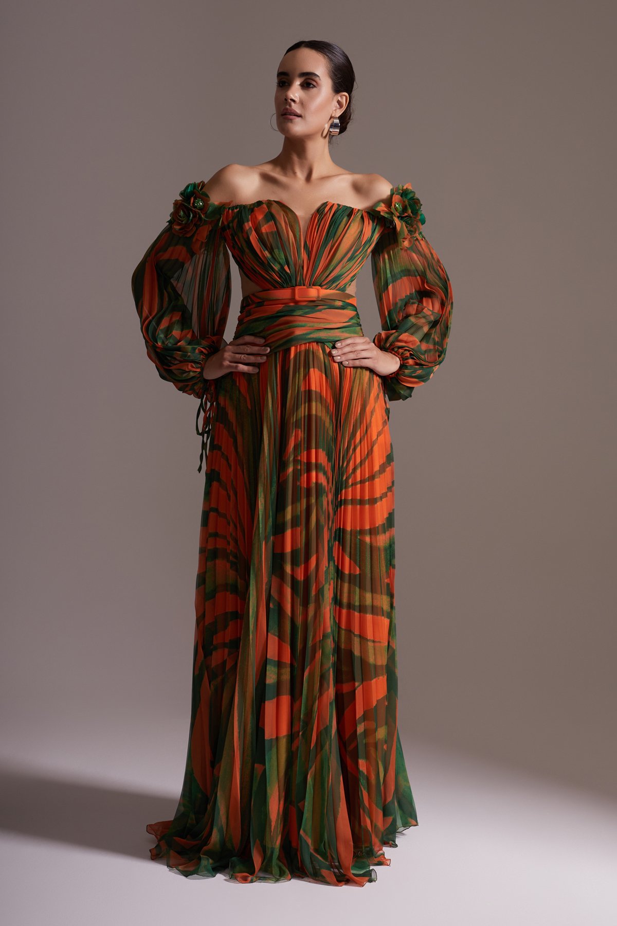 Patterned Chiffon Off-the-Shoulder Long Evening Dress Green - Orange