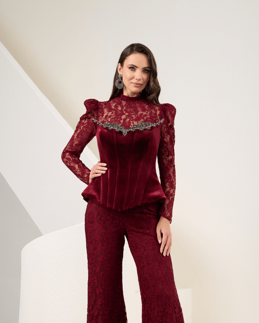 Burgundy Velvet Strapless Jumpsuit With Lace Details