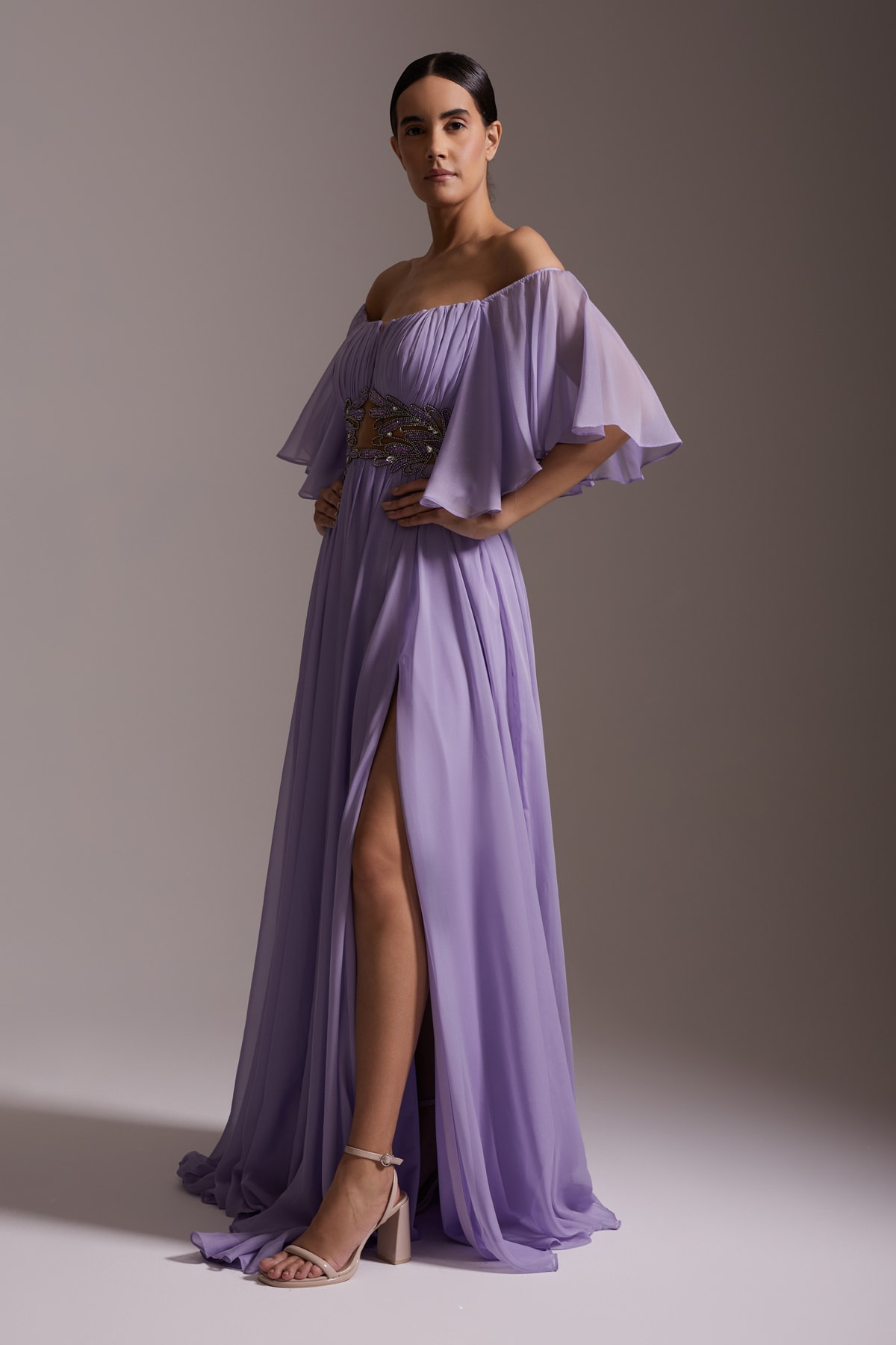 Off Shoulder Stone Embroidered Waist Detailed Slit Long Chiffon Evening Dress Lilac