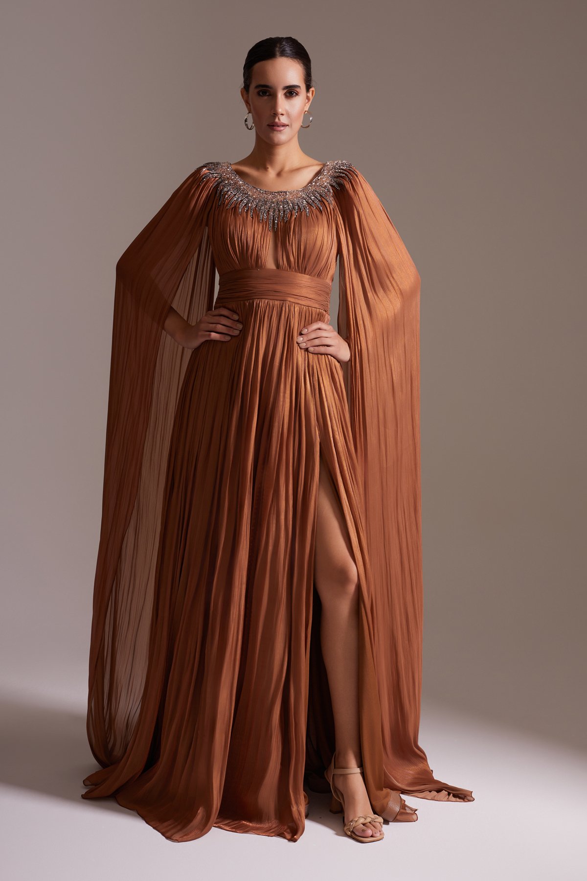 Stone Embroidered Cape Sleeve Slit Chiffon Evening Dress Copper Color