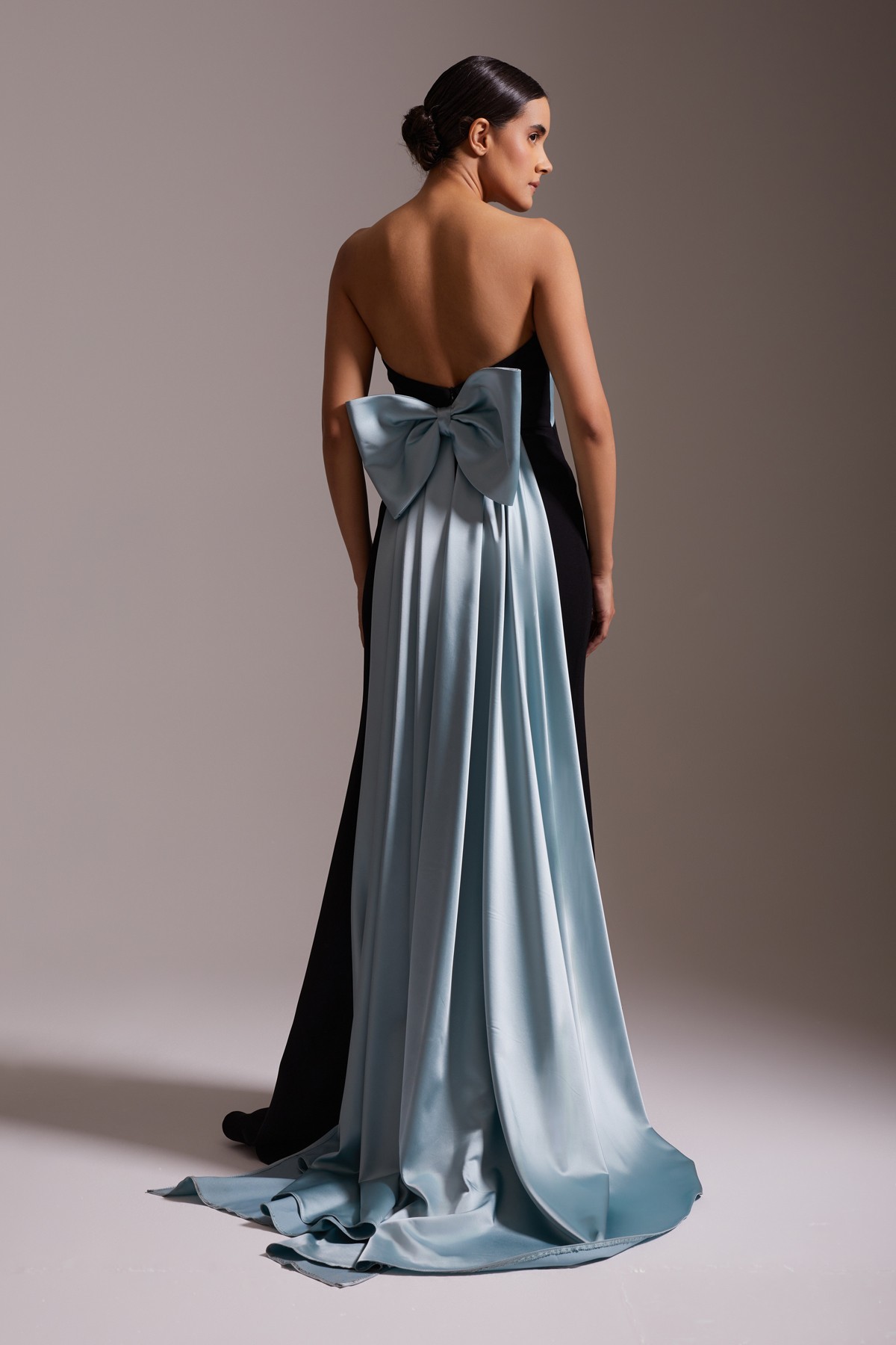 Satin Detailed Black Slit Long Evening Dress Blue