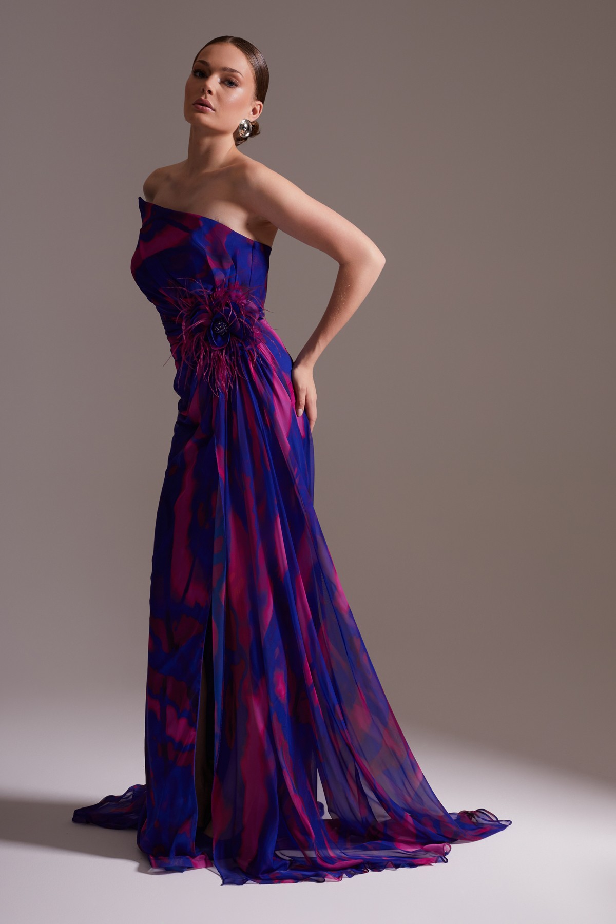 Patterned One-Shoulder Chiffon Evening Dress Purple - Fuchsia