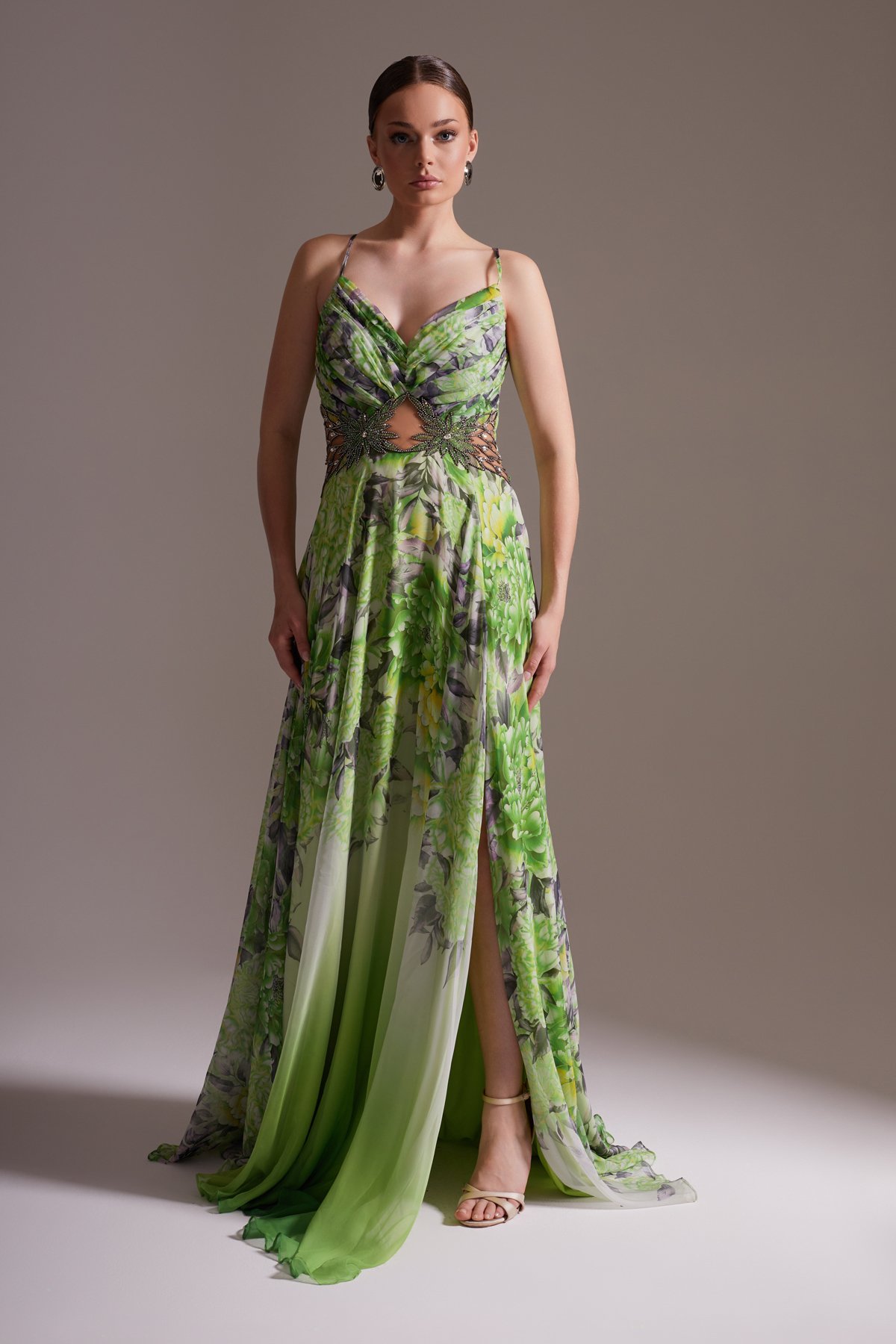 Floral Patterned Slit V-Neck Thin Strap Stone Detailed Chiffon Evening Dress Green