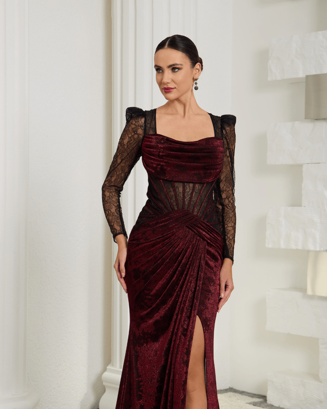 Burgundy Velvet & Lace Long Sleeve Gown