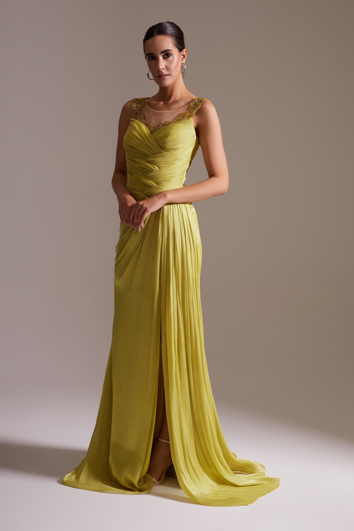 Draped Stone Embroidered Sheer Neck Chiffon Long Evening Dress Yellow