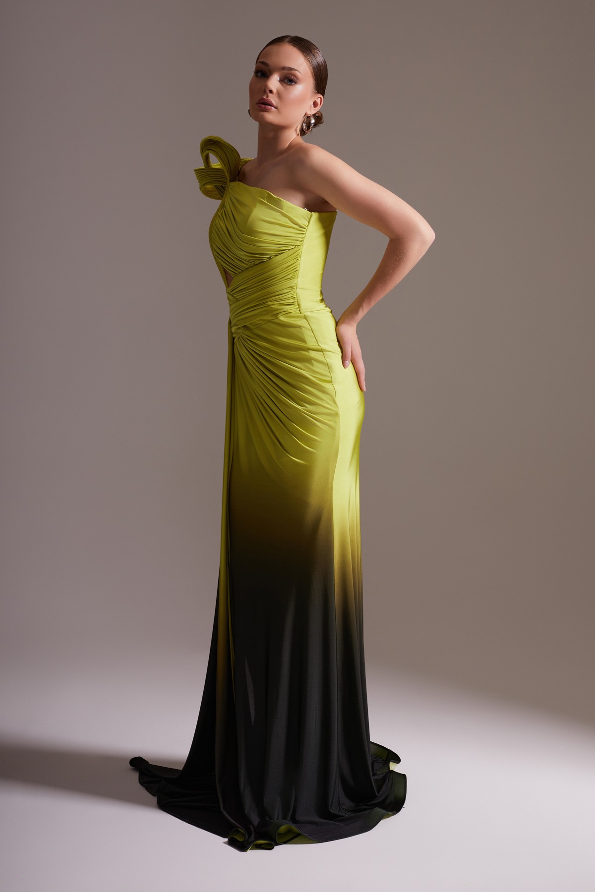 One Shoulder Draped Long Evening Dress Yellow Black Transitional