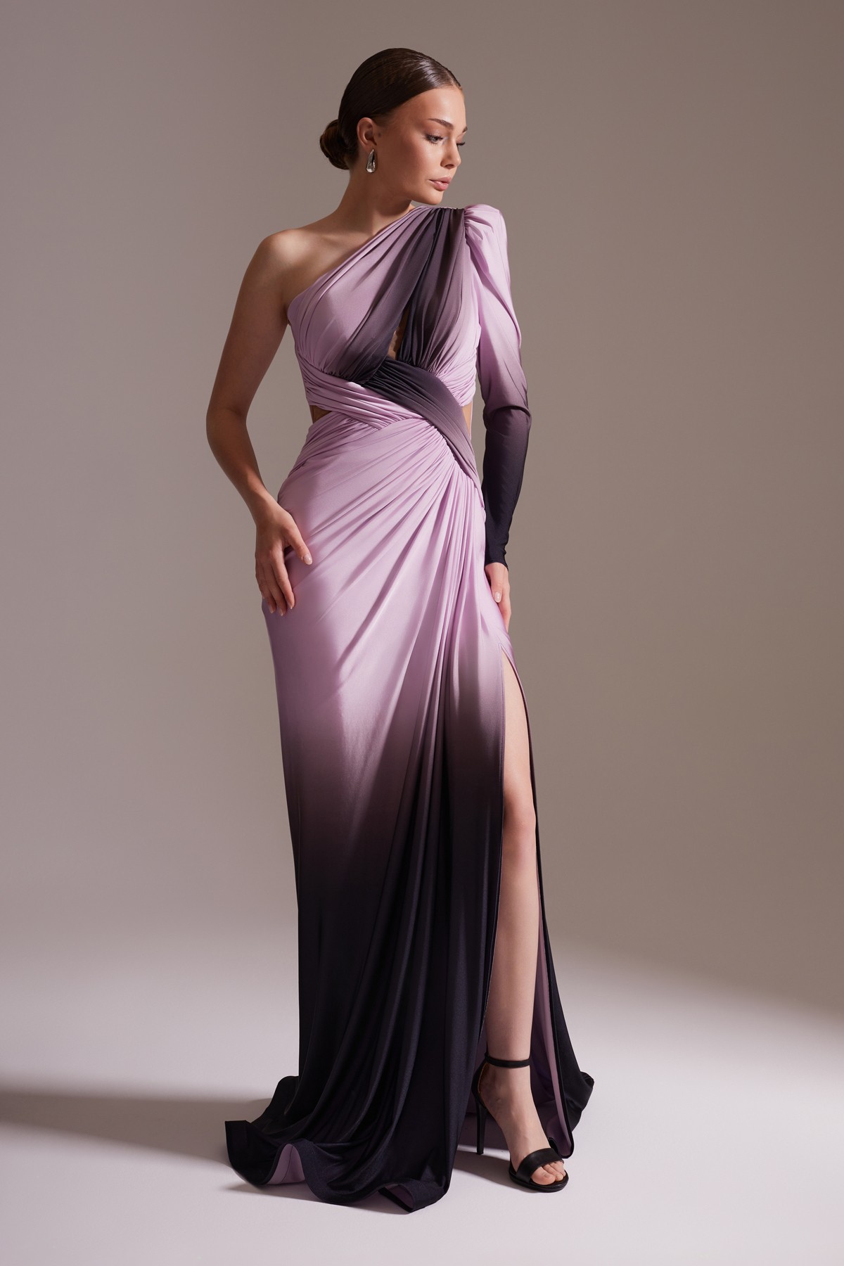 One Shoulder Long Slit Ombre Draped Evening Dress Lilac - Black