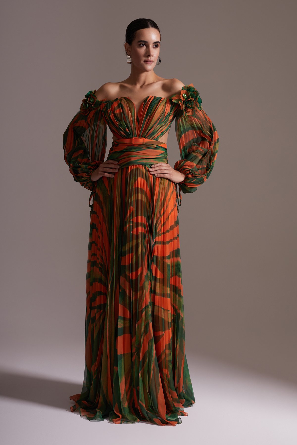 Patterned Chiffon Off-the-Shoulder Long Evening Dress Green - Orange