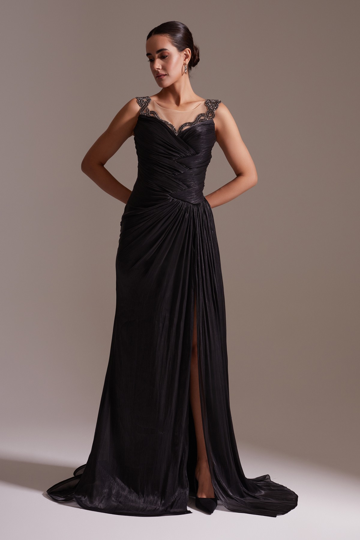 Slit Stone Embroidered Strap Draped Satin Evening Dress Black