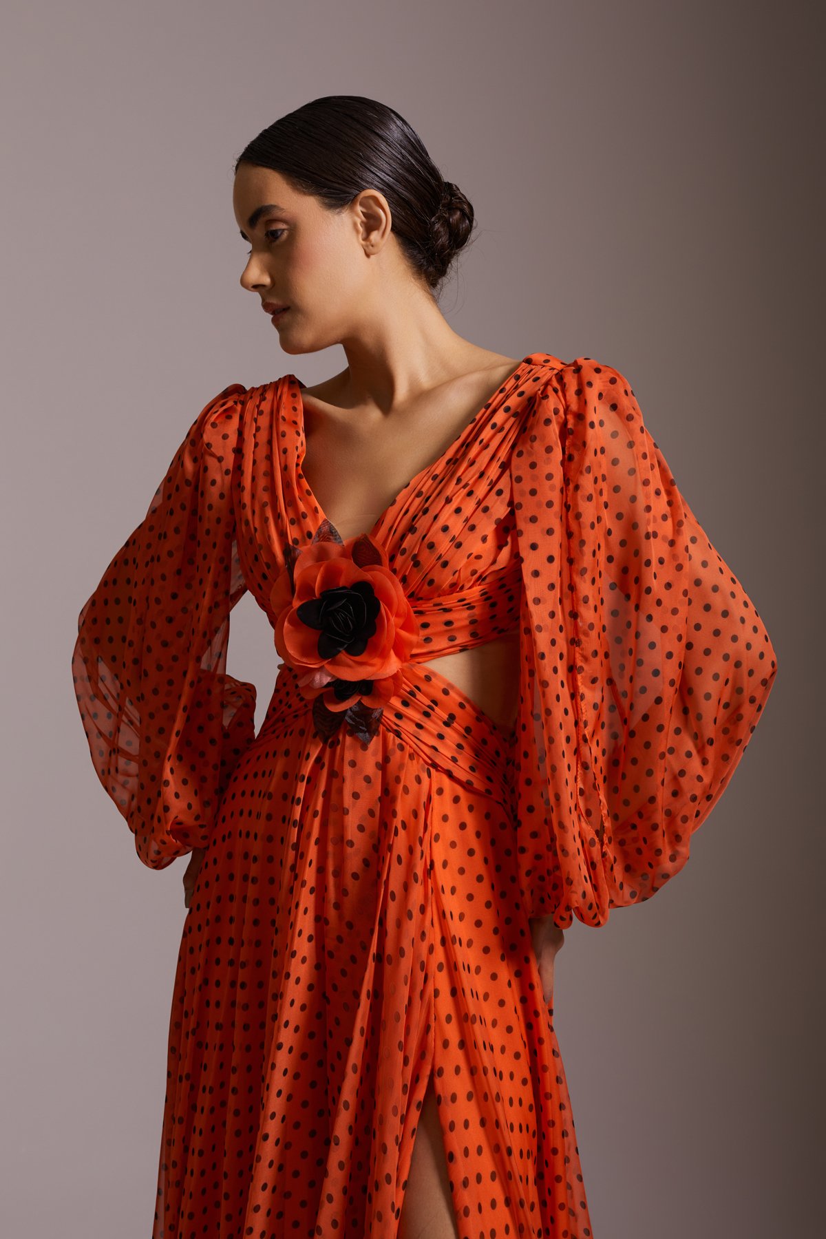 Red Black Polka Dot Slit Chiffon Long Evening Dress
