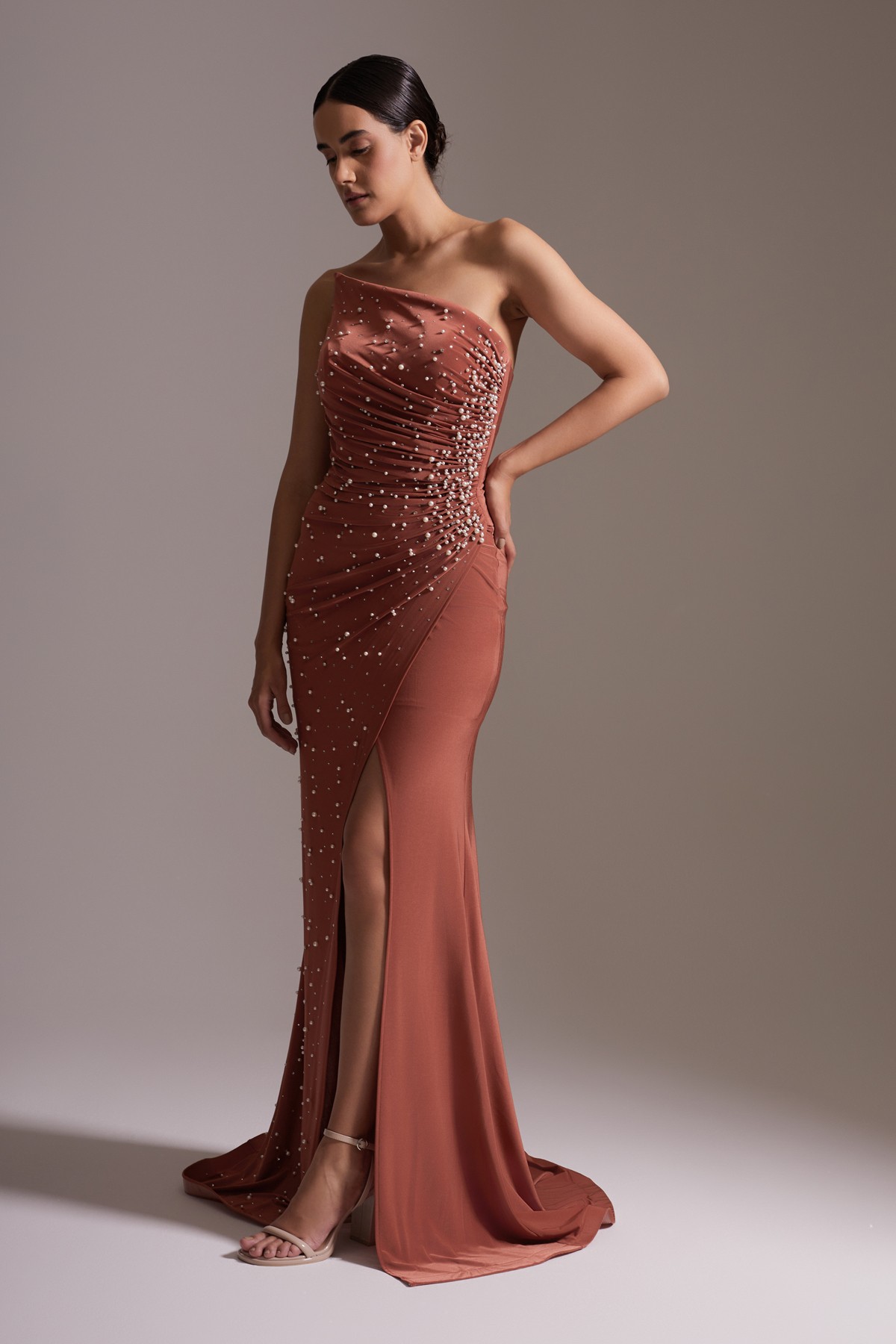 One Shoulder Pearl Detailed Slit Satin Evening Dress in Earth Color