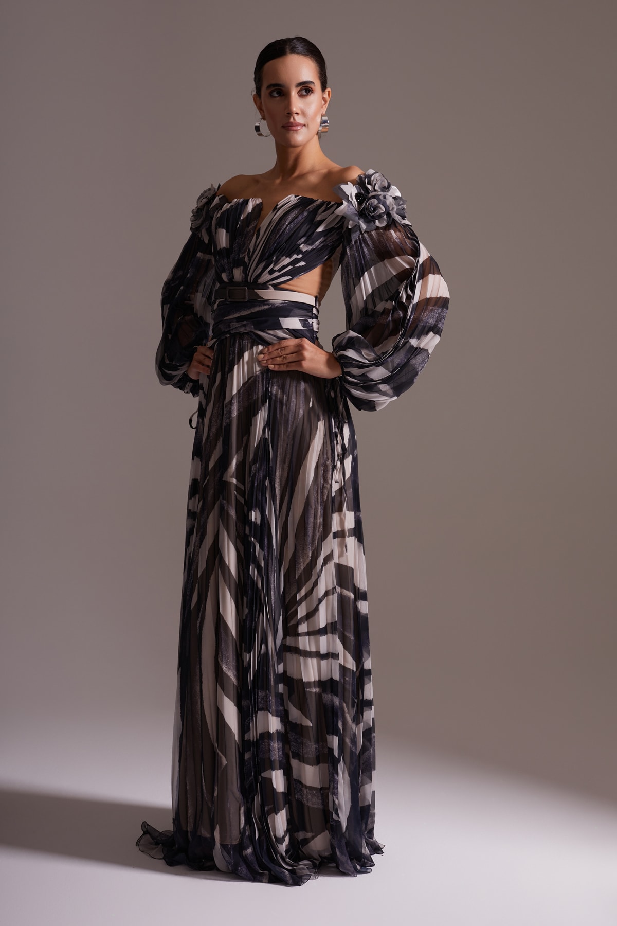 Off-the-Shoulder Floral Detailed Patterned Chiffon Evening Dress Black Gray