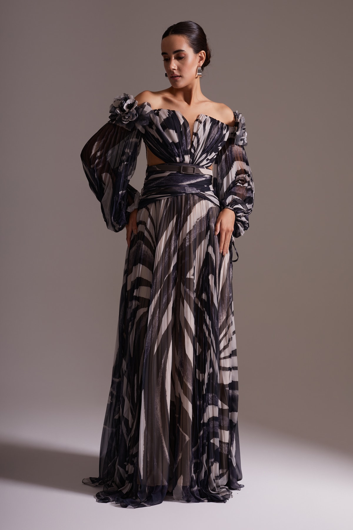 Off-the-Shoulder Floral Detailed Patterned Chiffon Evening Dress Black Gray