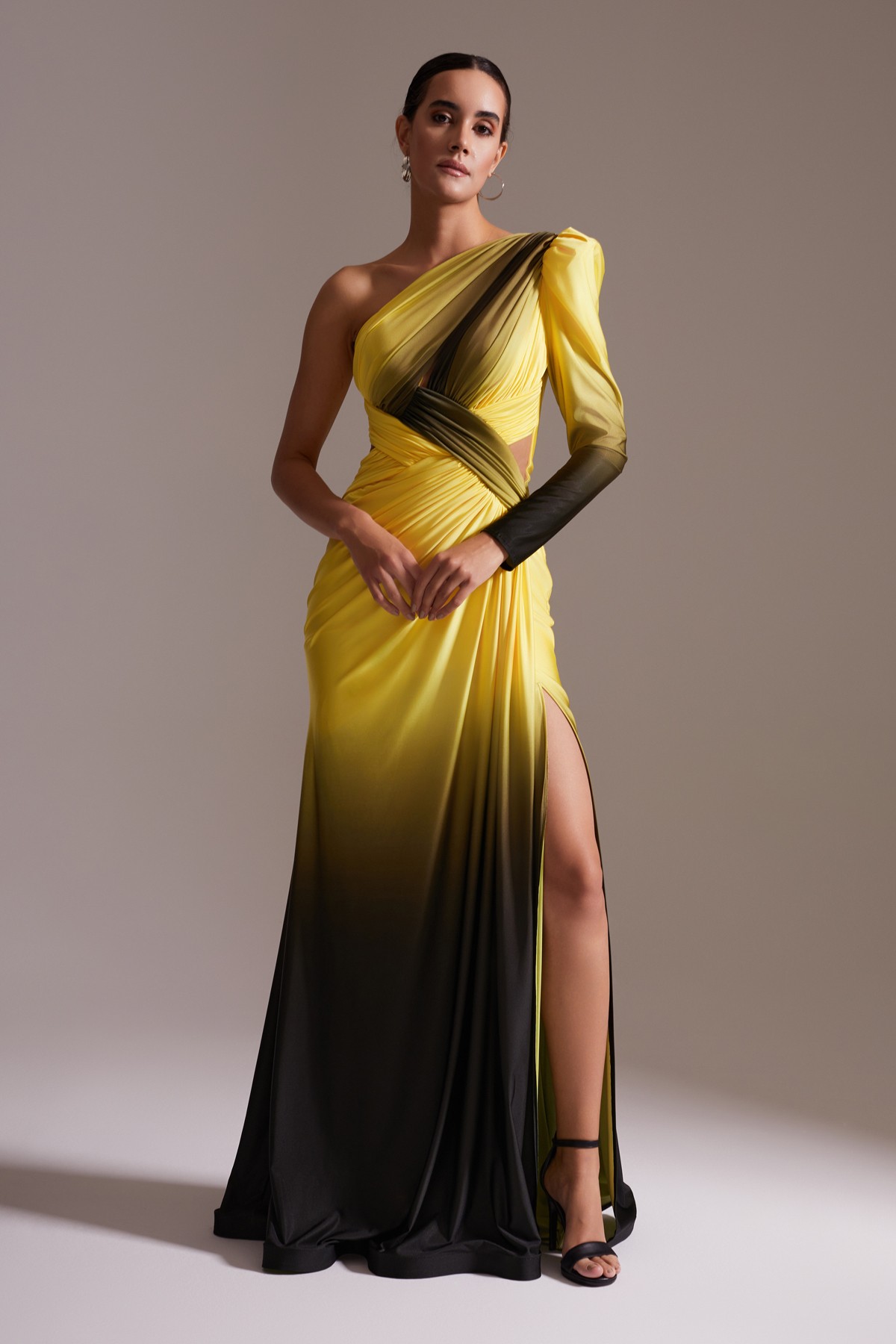 One Shoulder Asymmetric Gradient Draped Slit Evening Dress Yellow-Black