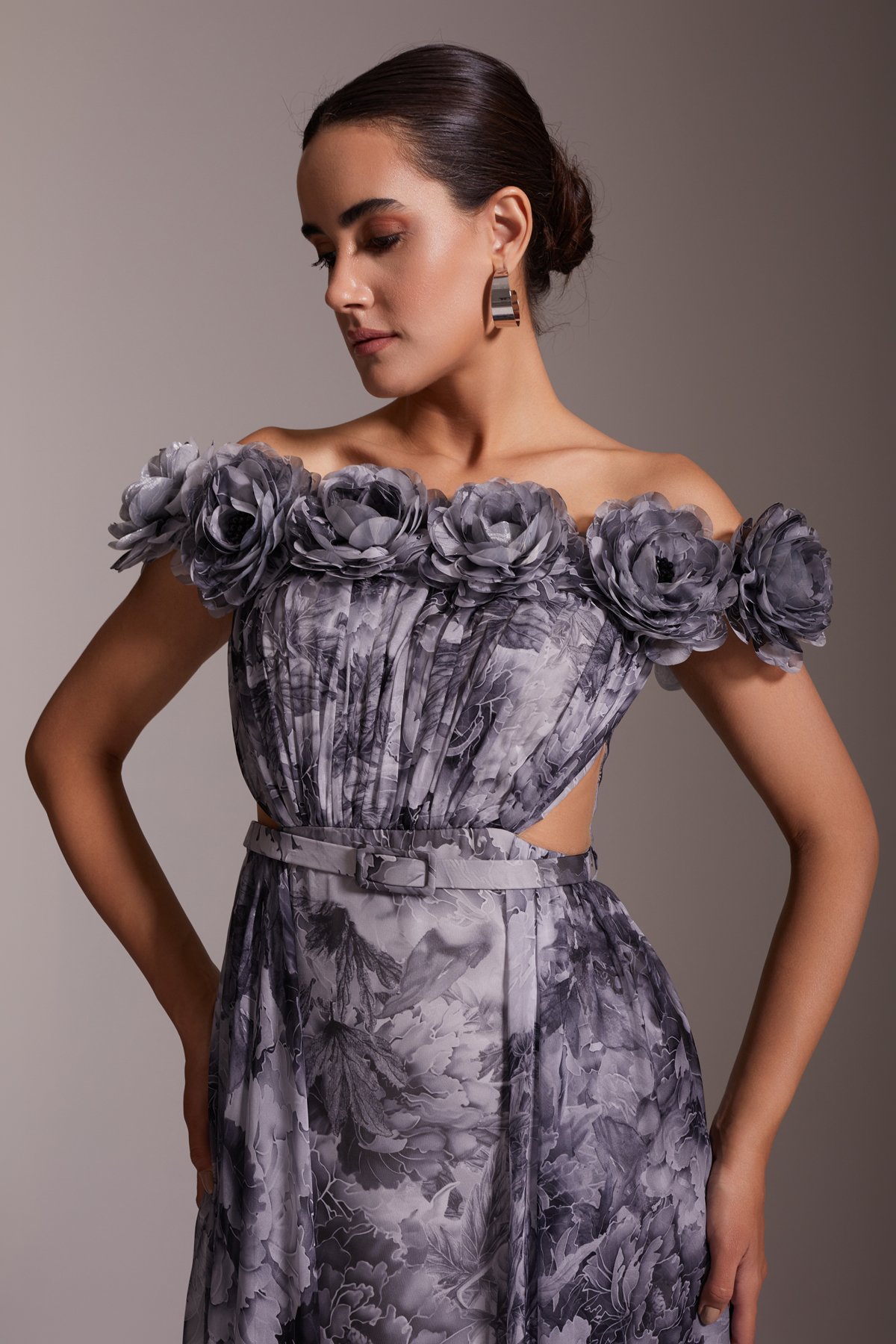 Off-the-Shoulder Flower Detailed Slit Chiffon Evening Dress Gray