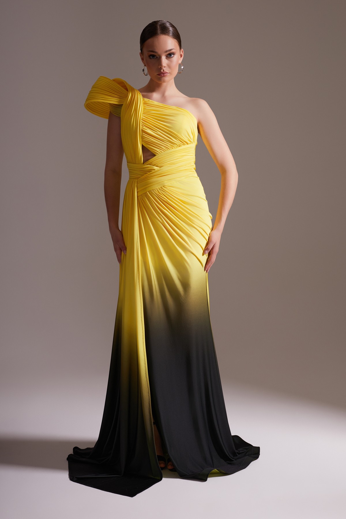 Shoulder Detailed Single Sleeve Draped Long Evening Dress Yellow Black