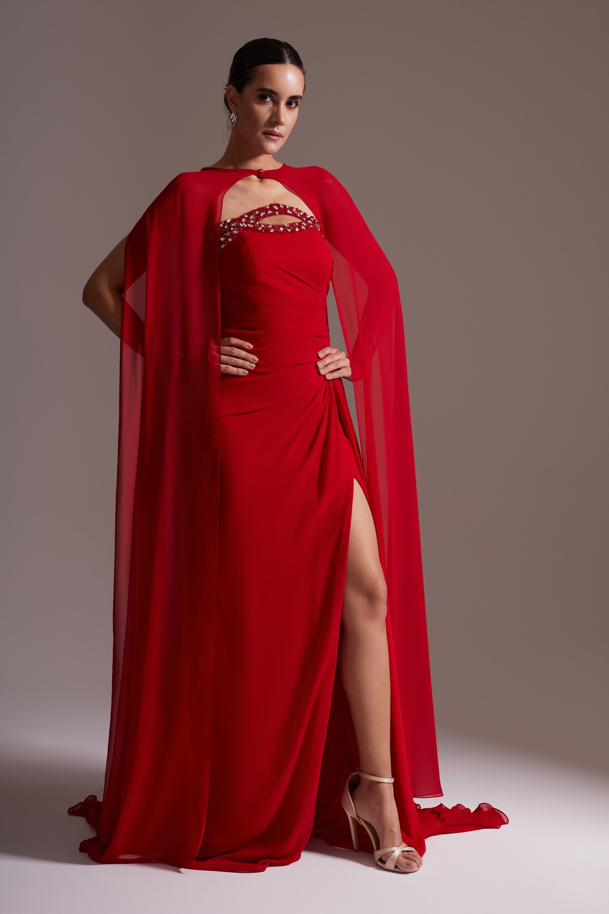 Stone Detailed Slit Chiffon Cape Evening Dress Red