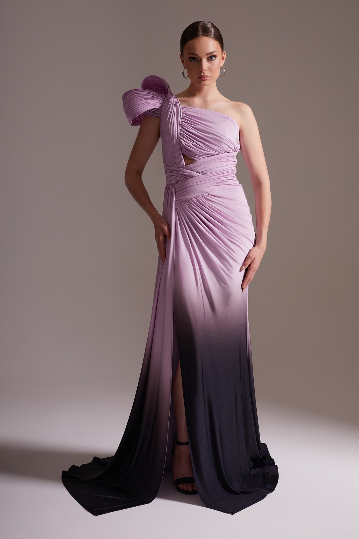 One Shoulder Draped Satin Evening Dress with Slit and Bow Detail Purple – Black