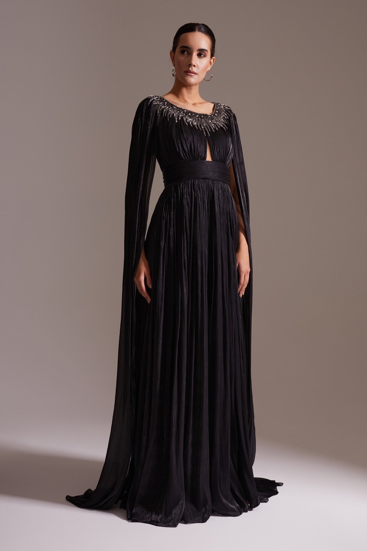 Stone Embroidered Cape Sleeve Slit Long Evening Dress Black