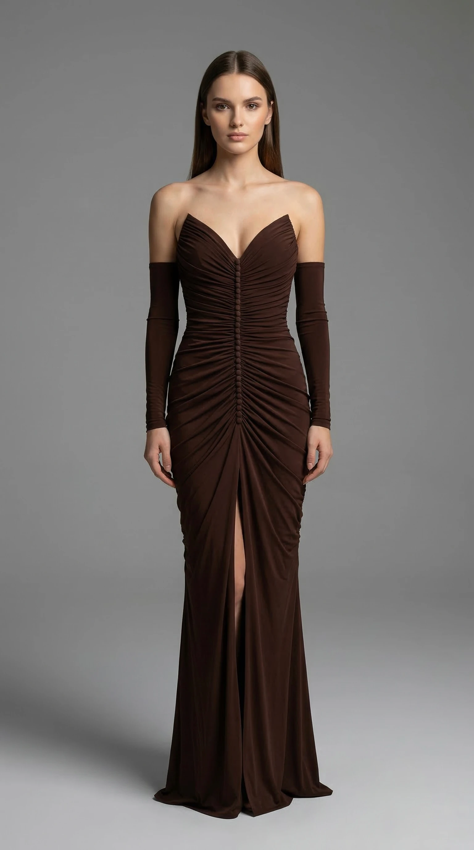long brown dress with slit Sienna Draped Cutout Maxi Dress Brown / S