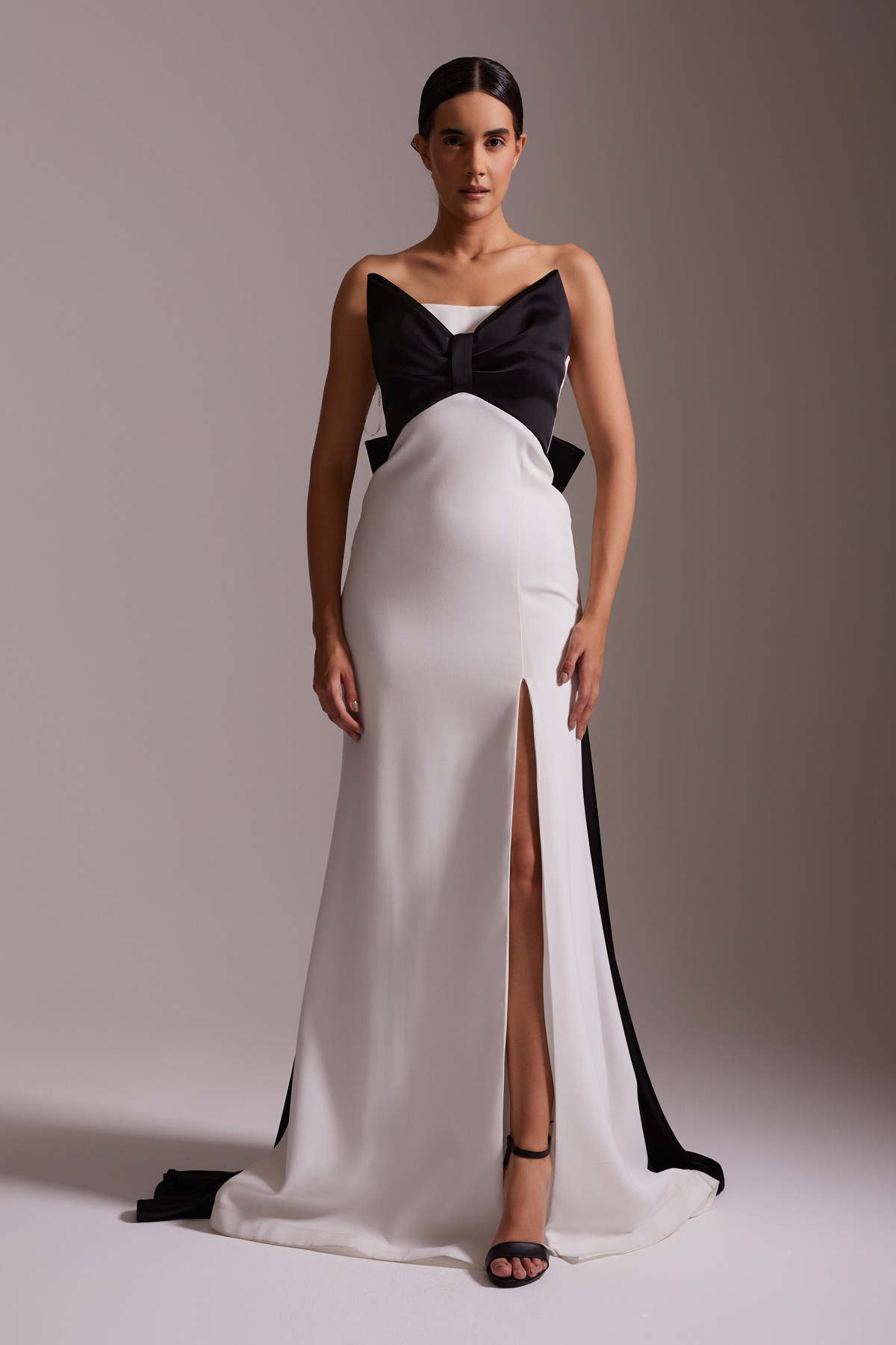 Black and White Strapless Long Evening Dress with Large Bow Detail and Slit