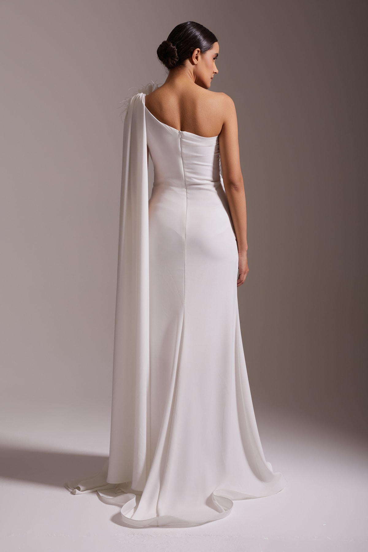 One Shoulder Flower and Feather Detailed Slit Chiffon Evening Dress White