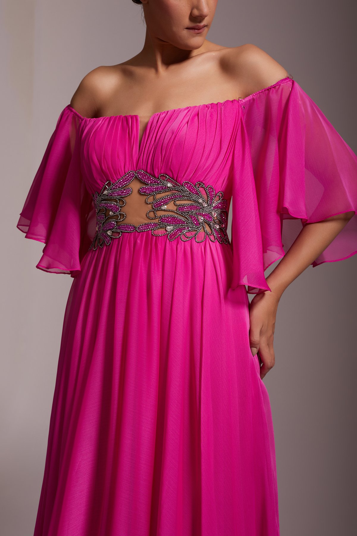 Off-the-Shoulder, Stone Embroidered, Slit and Belt Detailed Chiffon Evening Dress Fuchsia